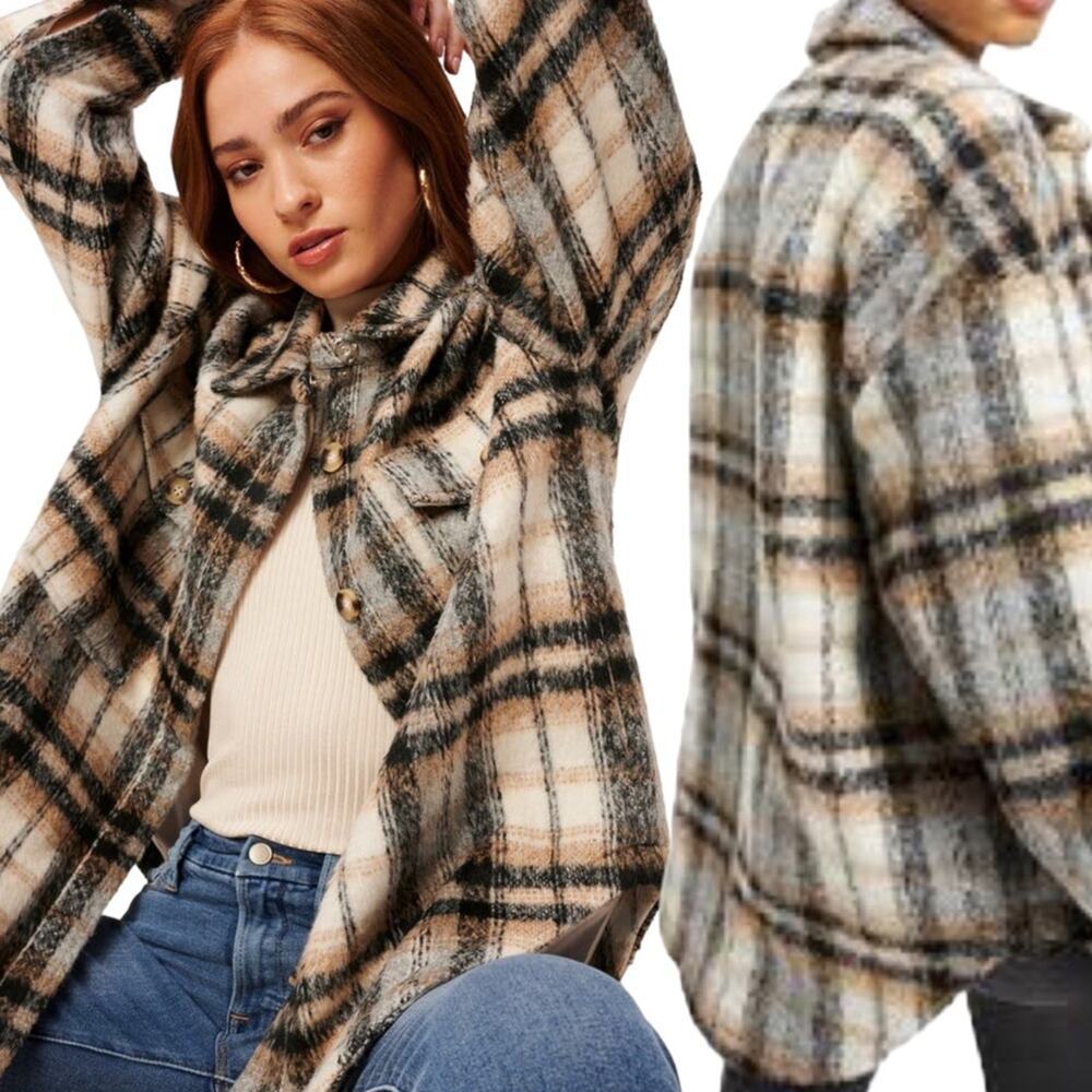 NWT Good American Plaid Shacket Neutral Plaid Browns and Black Oversized S / M
